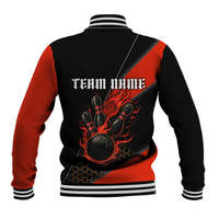 Personalized Bowling Tournament Baseball Jacket Ball Strike Black And Red Custom Bowling Team - Wonder Print Shop
