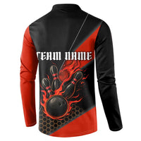 Personalized Bowling Tournament Button Sweatshirt Ball Strike Black And Red Custom Bowling Team - Wonder Print Shop