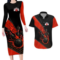 Personalized Bowling Tournament Couples Matching Long Sleeve Bodycon Dress and Hawaiian Shirt Ball Strike Black And Red Custom Bowling Team - Wonder Print Shop