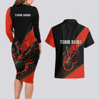 Personalized Bowling Tournament Couples Matching Long Sleeve Bodycon Dress and Hawaiian Shirt Ball Strike Black And Red Custom Bowling Team - Wonder Print Shop