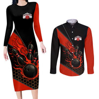 Personalized Bowling Tournament Couples Matching Long Sleeve Bodycon Dress and Long Sleeve Button Shirt Ball Strike Black And Red Custom Bowling Team - Wonder Print Shop