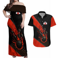 Personalized Bowling Tournament Couples Matching Off Shoulder Maxi Dress and Hawaiian Shirt Ball Strike Black And Red Custom Bowling Team - Wonder Print Shop