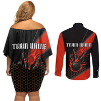 Personalized Bowling Tournament Couples Matching Off Shoulder Short Dress and Long Sleeve Button Shirt Ball Strike Black And Red Custom Bowling Team - Wonder Print Shop