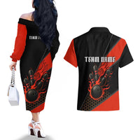 Personalized Bowling Tournament Couples Matching Off The Shoulder Long Sleeve Dress and Hawaiian Shirt Ball Strike Black And Red Custom Bowling Team - Wonder Print Shop