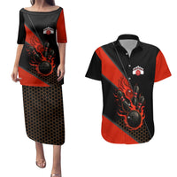 Personalized Bowling Tournament Couples Matching Puletasi and Hawaiian Shirt Ball Strike Black And Red Custom Bowling Team - Wonder Print Shop