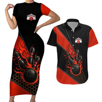 Personalized Bowling Tournament Couples Matching Short Sleeve Bodycon Dress and Hawaiian Shirt Ball Strike Black And Red Custom Bowling Team - Wonder Print Shop