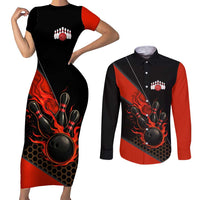 Personalized Bowling Tournament Couples Matching Short Sleeve Bodycon Dress and Long Sleeve Button Shirt Ball Strike Black And Red Custom Bowling Team - Wonder Print Shop