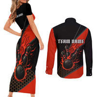 Personalized Bowling Tournament Couples Matching Short Sleeve Bodycon Dress and Long Sleeve Button Shirt Ball Strike Black And Red Custom Bowling Team - Wonder Print Shop