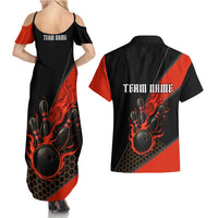 Personalized Bowling Tournament Couples Matching Summer Maxi Dress and Hawaiian Shirt Ball Strike Black And Red Custom Bowling Team - Wonder Print Shop