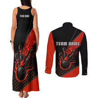 Personalized Bowling Tournament Couples Matching Tank Maxi Dress and Long Sleeve Button Shirt Ball Strike Black And Red Custom Bowling Team - Wonder Print Shop