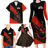Personalized Bowling Tournament Family Matching Long Sleeve Bodycon Dress and Hawaiian Shirt Ball Strike Black And Red Custom Bowling Team - Wonder Print Shop