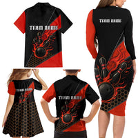 Personalized Bowling Tournament Family Matching Long Sleeve Bodycon Dress and Hawaiian Shirt Ball Strike Black And Red Custom Bowling Team - Wonder Print Shop