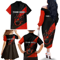 Personalized Bowling Tournament Family Matching Off The Shoulder Long Sleeve Dress and Hawaiian Shirt Ball Strike Black And Red Custom Bowling Team - Wonder Print Shop