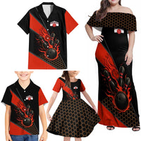 Personalized Bowling Tournament Family Matching Off Shoulder Maxi Dress and Hawaiian Shirt Ball Strike Black And Red Custom Bowling Team - Wonder Print Shop
