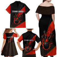 Personalized Bowling Tournament Family Matching Off Shoulder Maxi Dress and Hawaiian Shirt Ball Strike Black And Red Custom Bowling Team - Wonder Print Shop