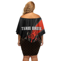 Personalized Bowling Tournament Family Matching Off Shoulder Short Dress and Hawaiian Shirt Ball Strike Black And Red Custom Bowling Team - Wonder Print Shop