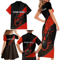Personalized Bowling Tournament Family Matching Short Sleeve Bodycon Dress and Hawaiian Shirt Ball Strike Black And Red Custom Bowling Team - Wonder Print Shop