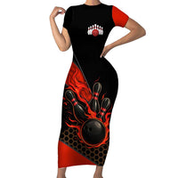 Personalized Bowling Tournament Family Matching Short Sleeve Bodycon Dress and Hawaiian Shirt Ball Strike Black And Red Custom Bowling Team - Wonder Print Shop