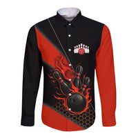 Personalized Bowling Tournament Long Sleeve Button Shirt Ball Strike Black And Red Custom Bowling Team - Wonder Print Shop