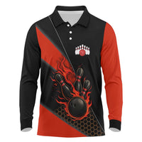 Personalized Bowling Tournament Long Sleeve Polo Shirt Ball Strike Black And Red Custom Bowling Team - Wonder Print Shop