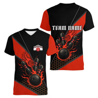 Personalized Bowling Tournament Women V-Neck T-Shirt Ball Strike Black And Red Custom Bowling Team - Wonder Print Shop