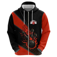 Personalized Bowling Tournament Zip Hoodie Ball Strike Black And Red Custom Bowling Team - Wonder Print Shop