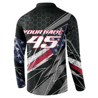 Custom Bike Shirt Racing Motocross Button Sweatshirt American Flag and Black Hexagon Lightning Graphic Design - Wonder Print Shop
