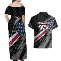 Custom Bike Shirt Racing Motocross Couples Matching Off Shoulder Maxi Dress and Hawaiian Shirt American Flag and Black Hexagon Lightning Graphic Design - Wonder Print Shop