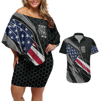 Custom Bike Shirt Racing Motocross Couples Matching Off Shoulder Short Dress and Hawaiian Shirt American Flag and Black Hexagon Lightning Graphic Design - Wonder Print Shop