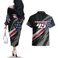 Custom Bike Shirt Racing Motocross Couples Matching Off The Shoulder Long Sleeve Dress and Hawaiian Shirt American Flag and Black Hexagon Lightning Graphic Design - Wonder Print Shop