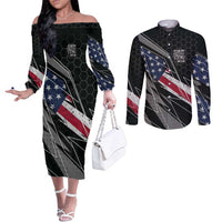 Custom Bike Shirt Racing Motocross Couples Matching Off The Shoulder Long Sleeve Dress and Long Sleeve Button Shirt American Flag and Black Hexagon Lightning Graphic Design - Wonder Print Shop