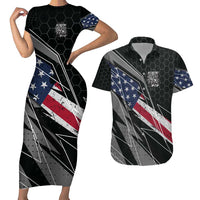 Custom Bike Shirt Racing Motocross Couples Matching Short Sleeve Bodycon Dress and Hawaiian Shirt American Flag and Black Hexagon Lightning Graphic Design - Wonder Print Shop