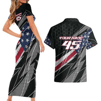 Custom Bike Shirt Racing Motocross Couples Matching Short Sleeve Bodycon Dress and Hawaiian Shirt American Flag and Black Hexagon Lightning Graphic Design - Wonder Print Shop