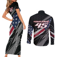 Custom Bike Shirt Racing Motocross Couples Matching Short Sleeve Bodycon Dress and Long Sleeve Button Shirt American Flag and Black Hexagon Lightning Graphic Design - Wonder Print Shop