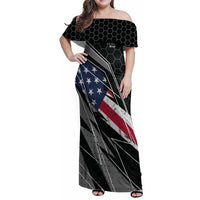 Custom Bike Shirt Racing Motocross Family Matching Off Shoulder Maxi Dress and Hawaiian Shirt American Flag and Black Hexagon Lightning Graphic Design - Wonder Print Shop
