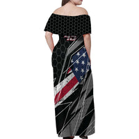 Custom Bike Shirt Racing Motocross Family Matching Off Shoulder Maxi Dress and Hawaiian Shirt American Flag and Black Hexagon Lightning Graphic Design - Wonder Print Shop