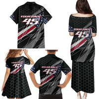 Custom Bike Shirt Racing Motocross Family Matching Puletasi and Hawaiian Shirt American Flag and Black Hexagon Lightning Graphic Design - Wonder Print Shop