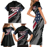 Custom Bike Shirt Racing Motocross Family Matching Short Sleeve Bodycon Dress and Hawaiian Shirt American Flag and Black Hexagon Lightning Graphic Design - Wonder Print Shop