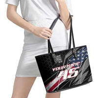 Custom Bike Shirt Racing Motocross Leather Tote Bag American Flag and Black Hexagon Lightning Graphic Design - Wonder Print Shop