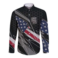 Custom Bike Shirt Racing Motocross Long Sleeve Button Shirt American Flag and Black Hexagon Lightning Graphic Design - Wonder Print Shop