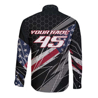 Custom Bike Shirt Racing Motocross Long Sleeve Button Shirt American Flag and Black Hexagon Lightning Graphic Design - Wonder Print Shop