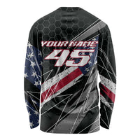 Custom Bike Shirt Racing Motocross Long Sleeve Shirt American Flag and Black Hexagon Lightning Graphic Design - Wonder Print Shop