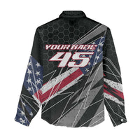 Custom Bike Shirt Racing Motocross Women Casual Shirt American Flag and Black Hexagon Lightning Graphic Design - Wonder Print Shop