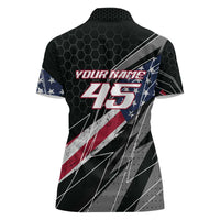 Custom Bike Shirt Racing Motocross Women Polo Shirt American Flag and Black Hexagon Lightning Graphic Design - Wonder Print Shop