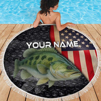 Custom Largemouth Bass Fishing Beach Blanket American Flag and Bubble Texture Background - Wonder Print Shop