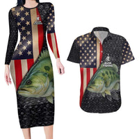 Custom Largemouth Bass Fishing Couples Matching Long Sleeve Bodycon Dress and Hawaiian Shirt American Flag and Bubble Texture Background - Wonder Print Shop