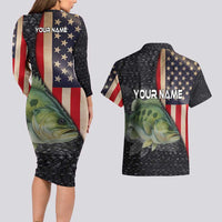 Custom Largemouth Bass Fishing Couples Matching Long Sleeve Bodycon Dress and Hawaiian Shirt American Flag and Bubble Texture Background - Wonder Print Shop