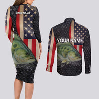 Custom Largemouth Bass Fishing Couples Matching Long Sleeve Bodycon Dress and Long Sleeve Button Shirt American Flag and Bubble Texture Background - Wonder Print Shop