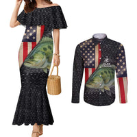 Custom Largemouth Bass Fishing Couples Matching Mermaid Dress and Long Sleeve Button Shirt American Flag and Bubble Texture Background - Wonder Print Shop
