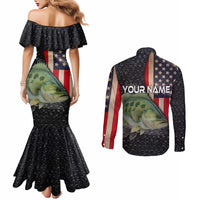 Custom Largemouth Bass Fishing Couples Matching Mermaid Dress and Long Sleeve Button Shirt American Flag and Bubble Texture Background - Wonder Print Shop
